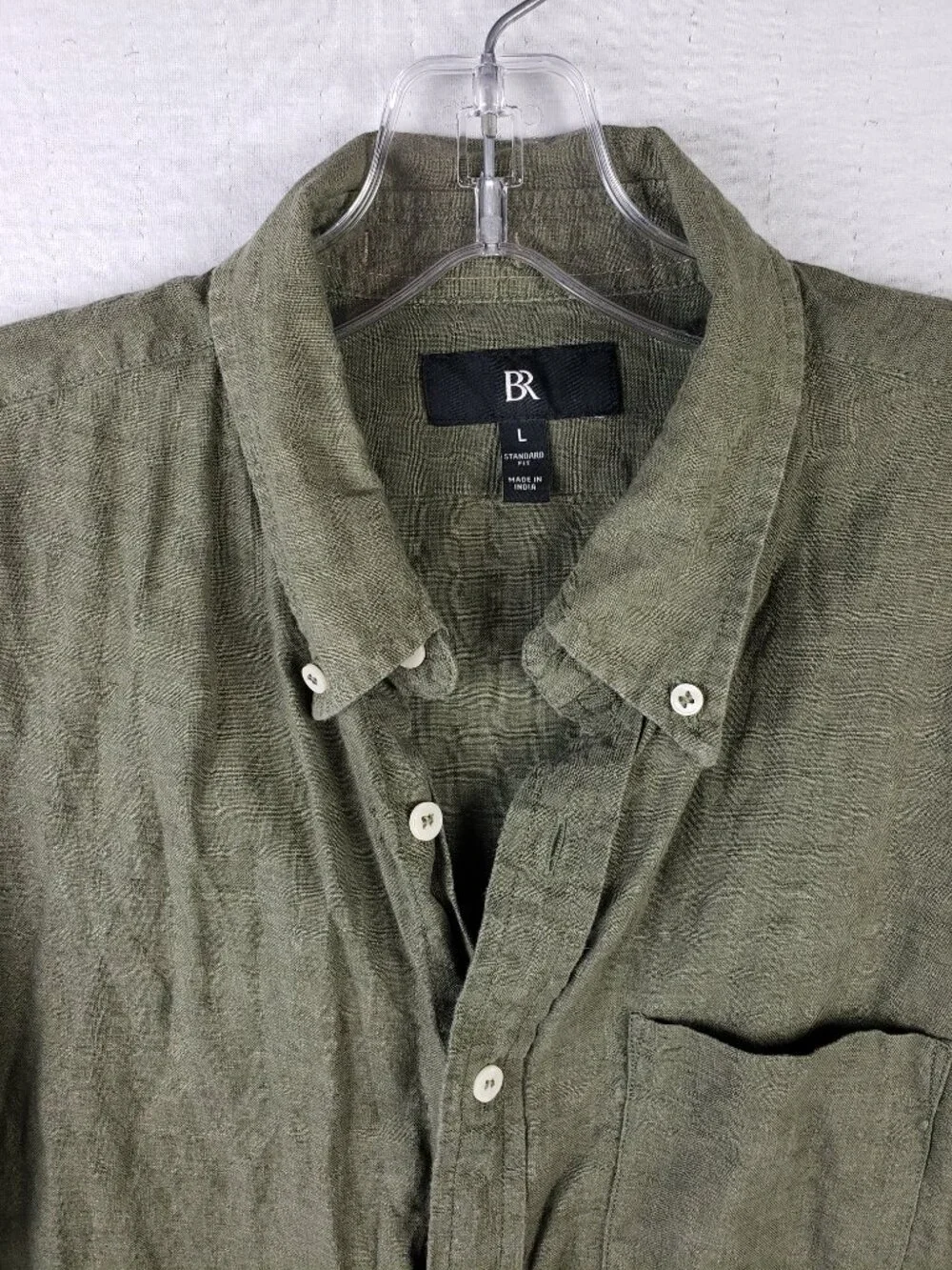 Banana Republic 100% Linen Shirt Button-Down Collar Olive Green Short Sleeve L